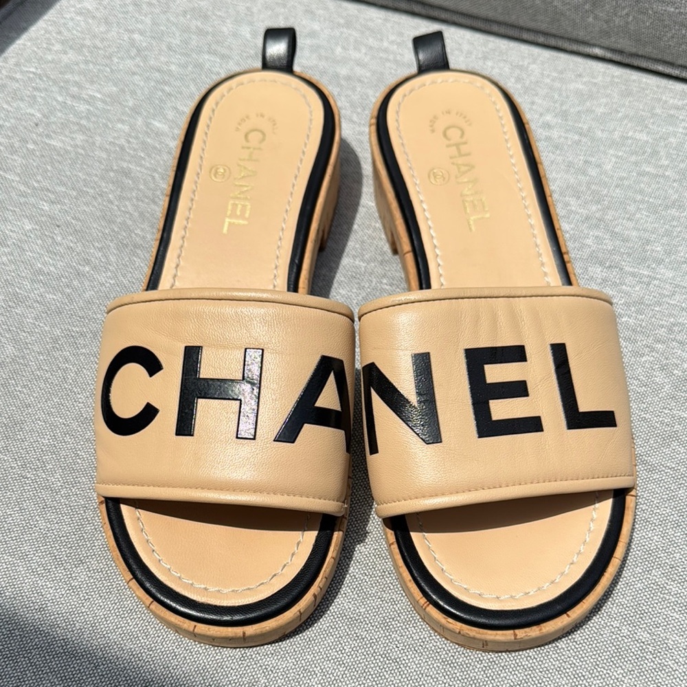 Chanel Logo Calfskin Tan Mules Sz.40C